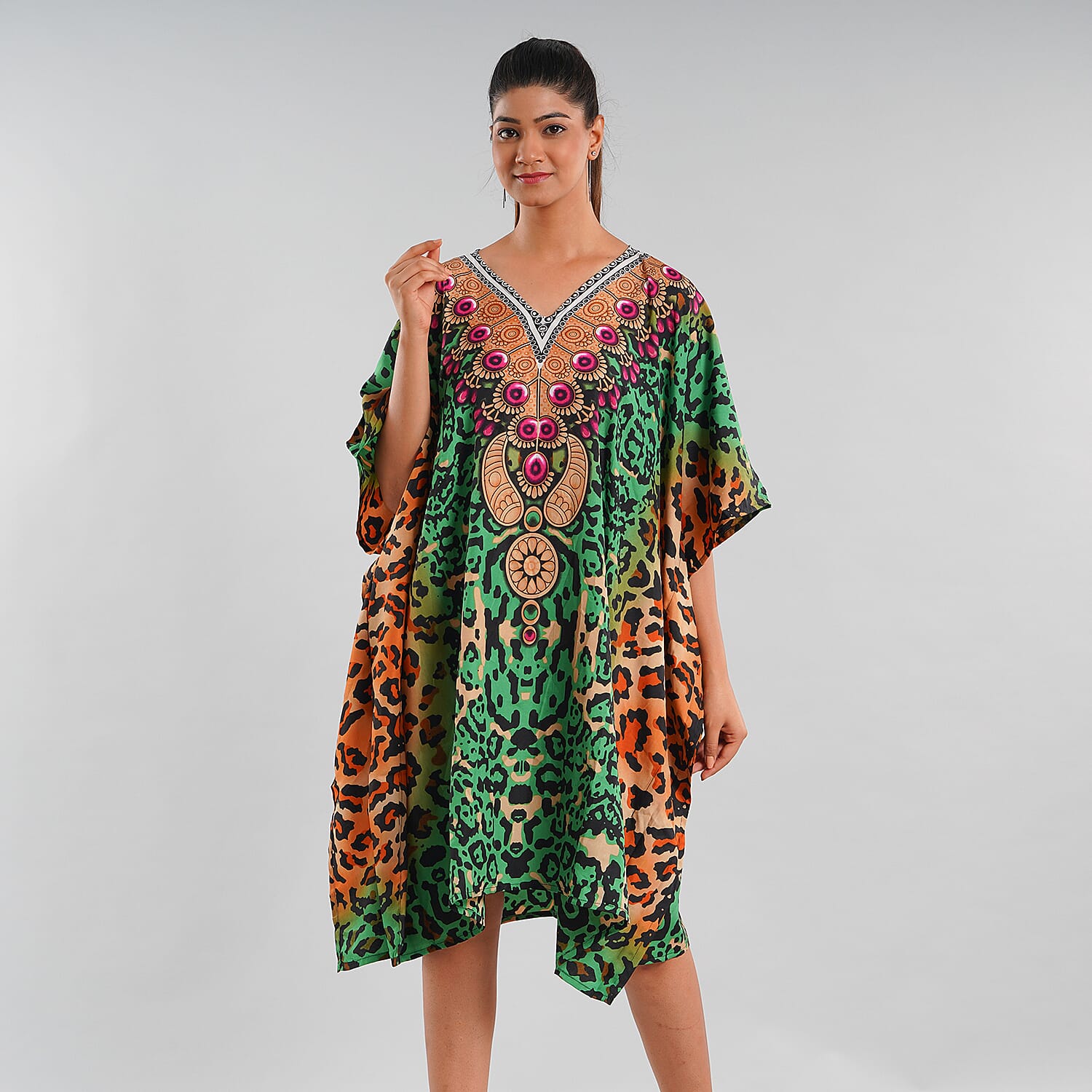 JOVIE Green Cheetah V-Neck Kaftan - One Size Fits Most