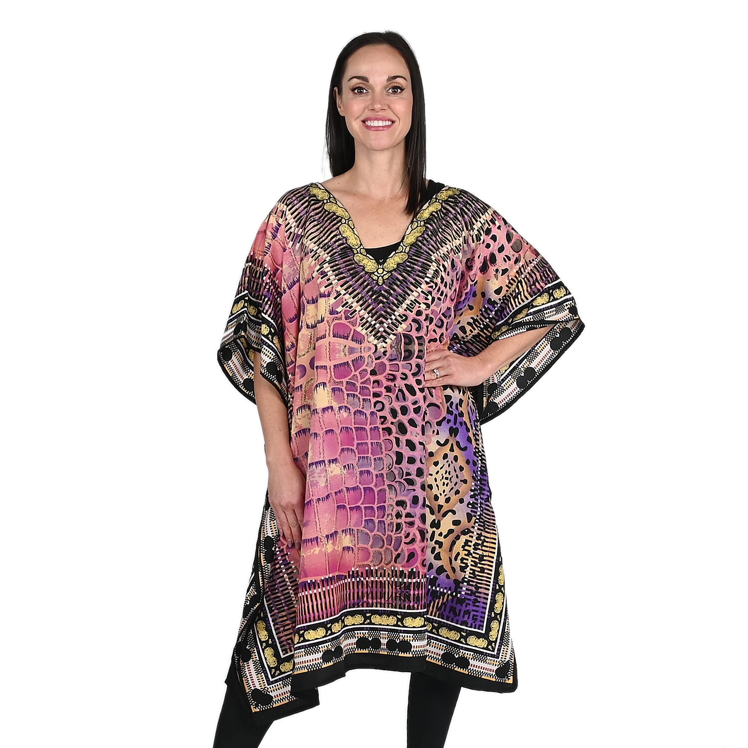 JOVIE Purple Animal V-Neck Kaftan - One Size Fits Most