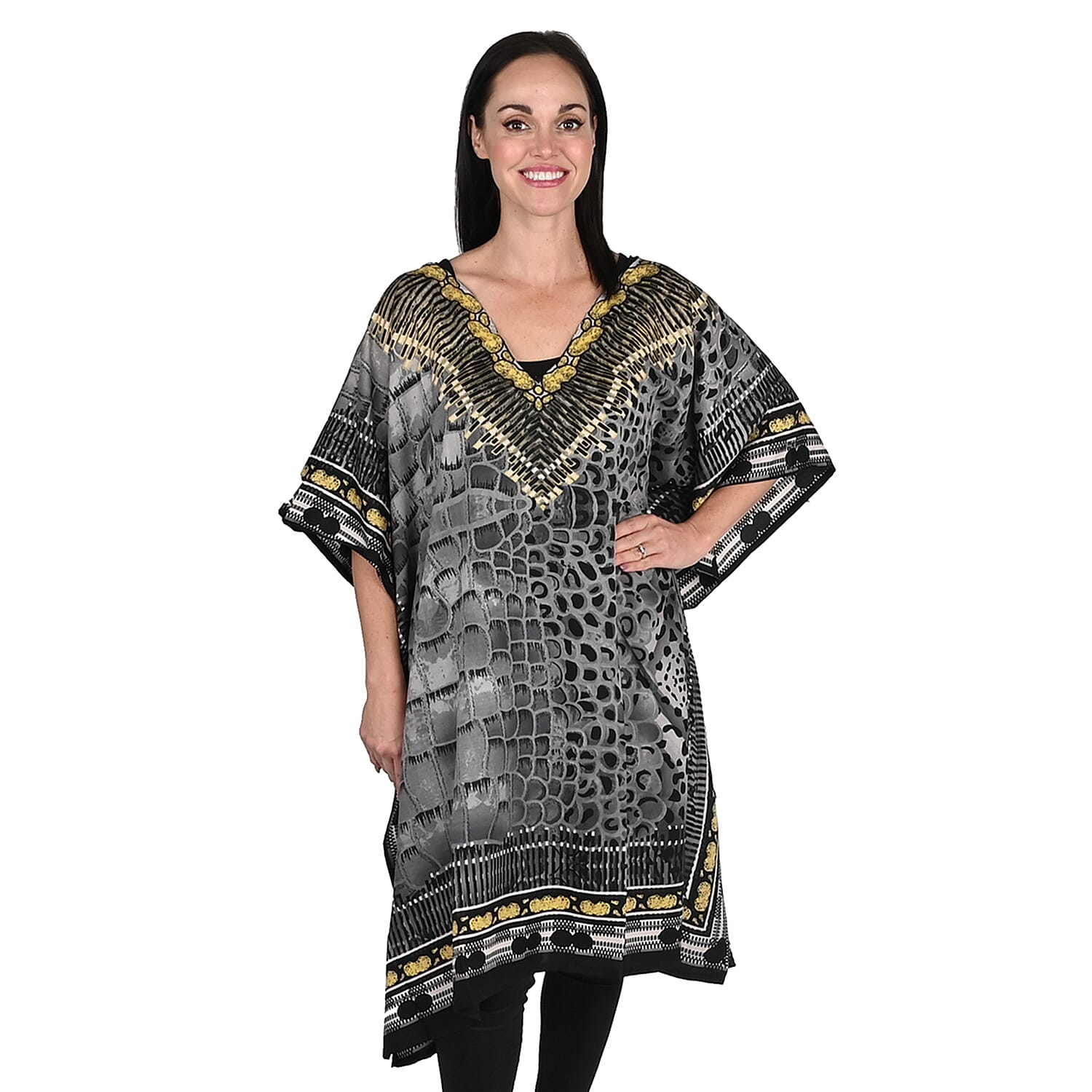PICK OF THE SHOW JOVIE Grey Reptile/Leopard V-Neck Kaftan - One Size Fits Most