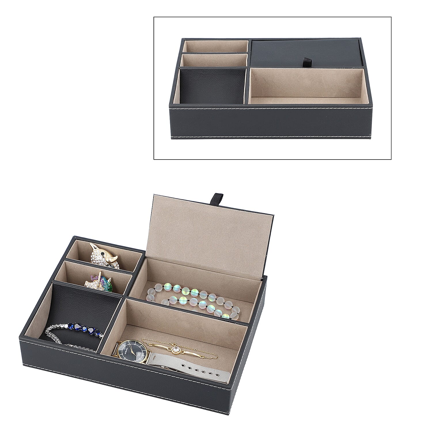 Black Faux Leather Men's 5 Section Jewelry Organizer (10""x7.3""x2"")