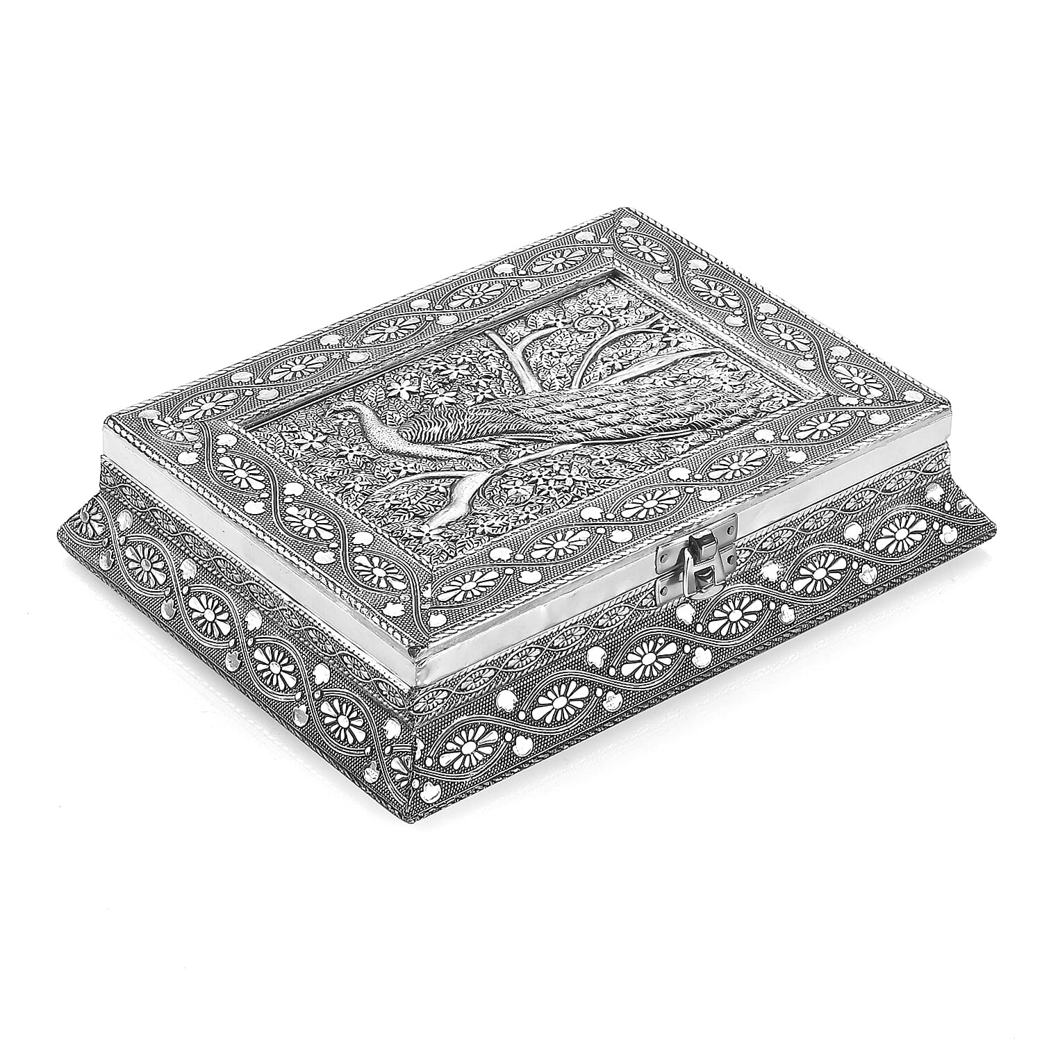 Handcrafted Oxidized 3D Peacock Embossed Scratch Protection Interior Jewelry Box