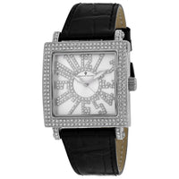 Christian Van Sant Austrian Crystal Women's Lumina Quartz Movement Watch with Silver Dial and Black Leather Band 48mm