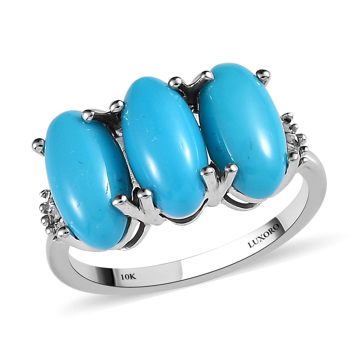LUXORO 10K White Gold Premium American Natural Sleeping Beauty Turquoise and Natural Champagne Diamond Ring 2.55 Grams 4.10 ctw