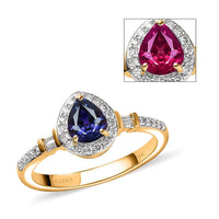ILIANA 18K Yellow Gold AAA Tanzanian Color Change Sapphire and G-H SI Diamond Halo Ring 3.05 Grams 0.90 ctw with Free UV Torch