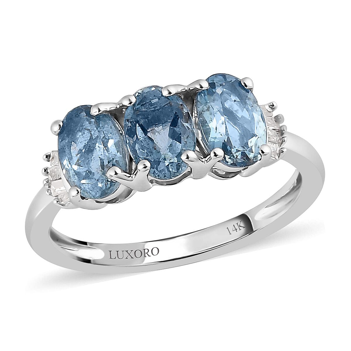 Doorbuster LUXORO 14K White Gold AAA Santa Maria Aquamarine, Diamond (G-H, I3) Trilogy Ring (Size 7.0) 1.25 ctw