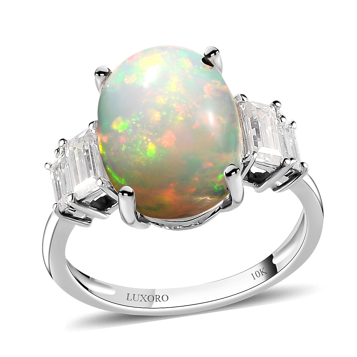LUXORO 10K White Gold Premium Ethiopian Welo Opal, Moissanite Ring (Size 10.0) (2.35 g) 4.35 ctw