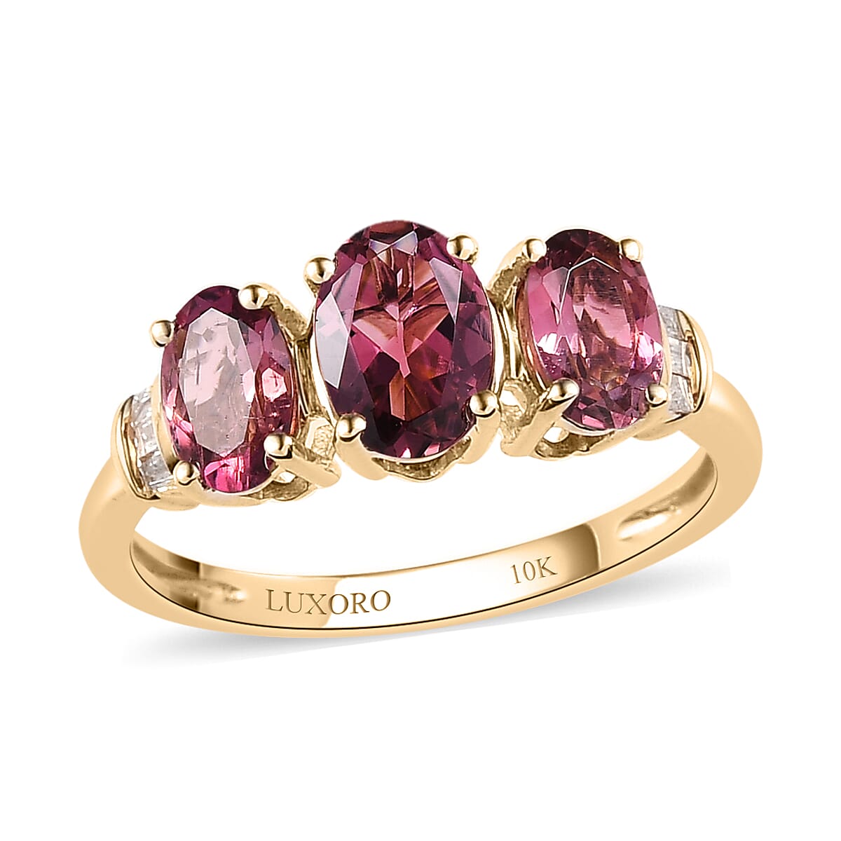 LUXORO 10K Yellow Gold AAA Salmon Pink Tourmaline, Diamond Trilogy Ring (Size 5.0) (2 g) 1.70 ctw