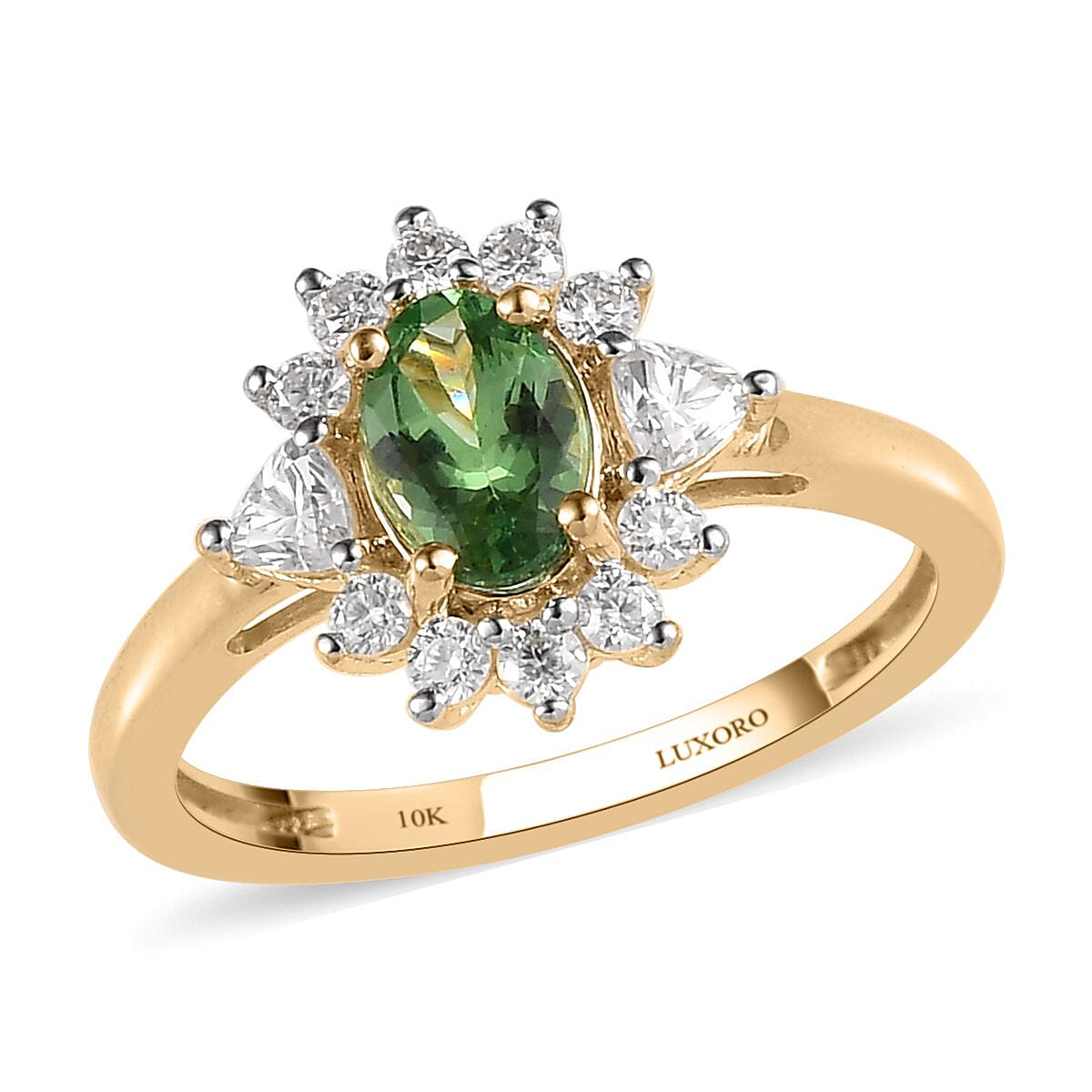LUXORO 10K Yellow Gold Premium Natural Tsavorite Garnet and Moissanite Sunburst Ring 2.15 Grams 1.25 ctw
