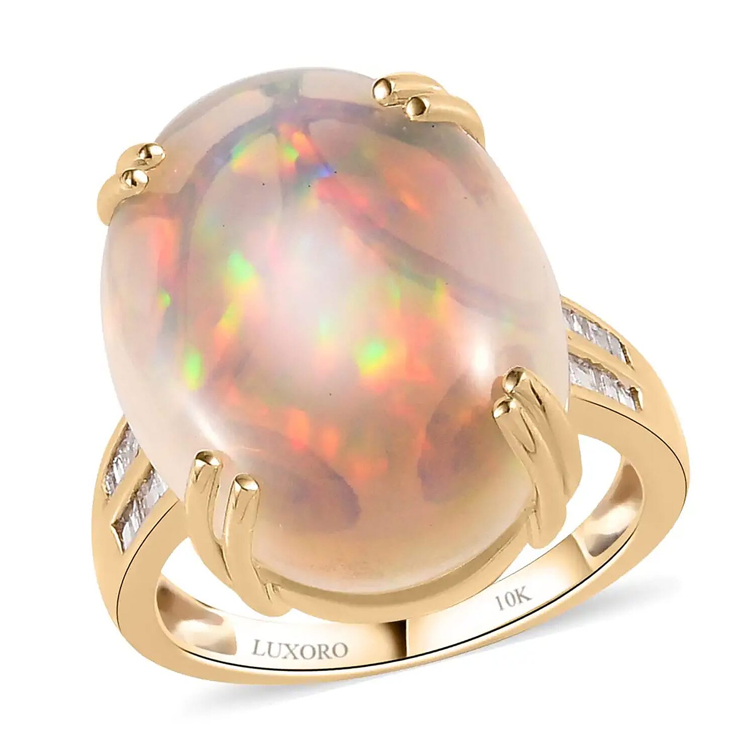 Doorbuster LUXORO 10K Yellow Gold AAA Ethiopian Welo Opal and G-H I3 Diamond Ring (Size 10.0) 3.40 Grams 10.65 ctw image number 0 Doorbuster LUXORO 10K Yellow Gold AAA Ethiopian Welo Opal a