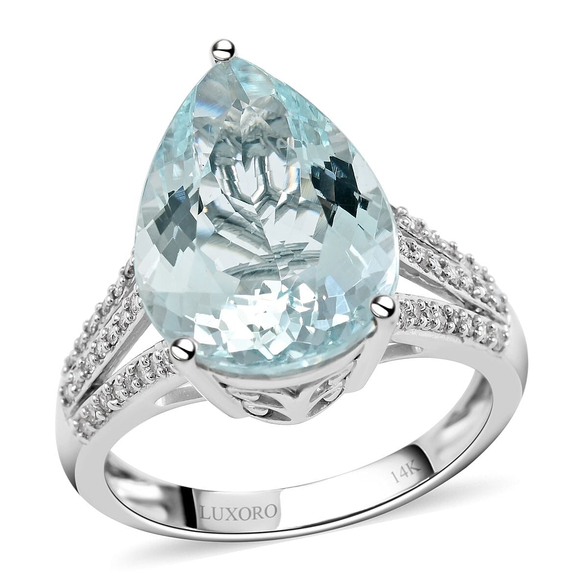 Luxoro 14K White Gold Premium Mangoro Aquamarine, Diamond (G-H, I2) (0.25 cts) Ring (Size 5.0) 4.50 ctw