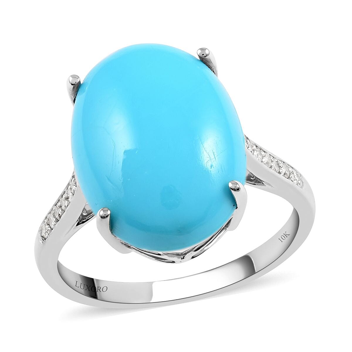 Luxoro 10K White Gold AAA Sleeping Beauty Turquoise and G-H I2 Diamond Ring 2.90 Grams 6.60 ctw