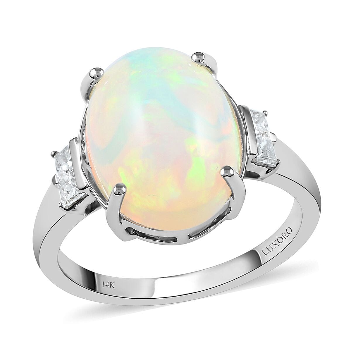 Certified LUXORO 14K White Gold AAA Ethiopian Welo Opal and G-H I2 Diamond Ring 3.66 Grams 3.90 ctw