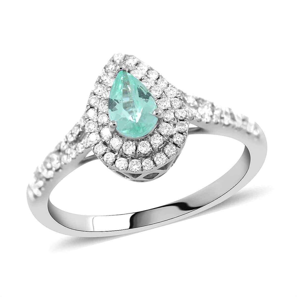 Doorbuster Certified & Appraised RHAPSODY 950 Platinum AAAA Paraiba Tourmaline and E-F VS Diamond Double Halo Ring 4.25 Grams 0.65 ctw