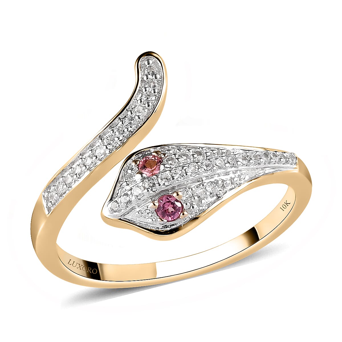 LUXORO AA  10K Yellow Gold Premium Morro Redondo Pink Tourmaline, Natural White Zircon Snake Ring (Size 7.0) (2.30 g) 0.25 ctw