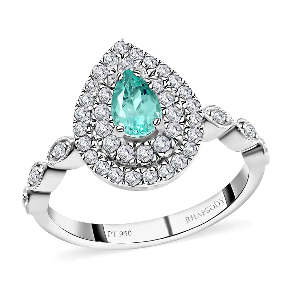 Certified & Appraised 950 Platinum AAAA Paraiba Tourmaline and E-F VS Diamond Double Halo Ring 5.80 Grams 0.90 ctw