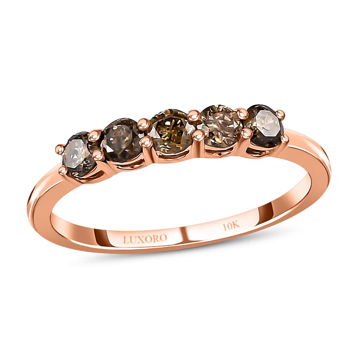 TLV LUXORO 10K Rose Gold Natural Champagne Diamond 5 Stone Ring (Size 10.0) 0.50 ctw