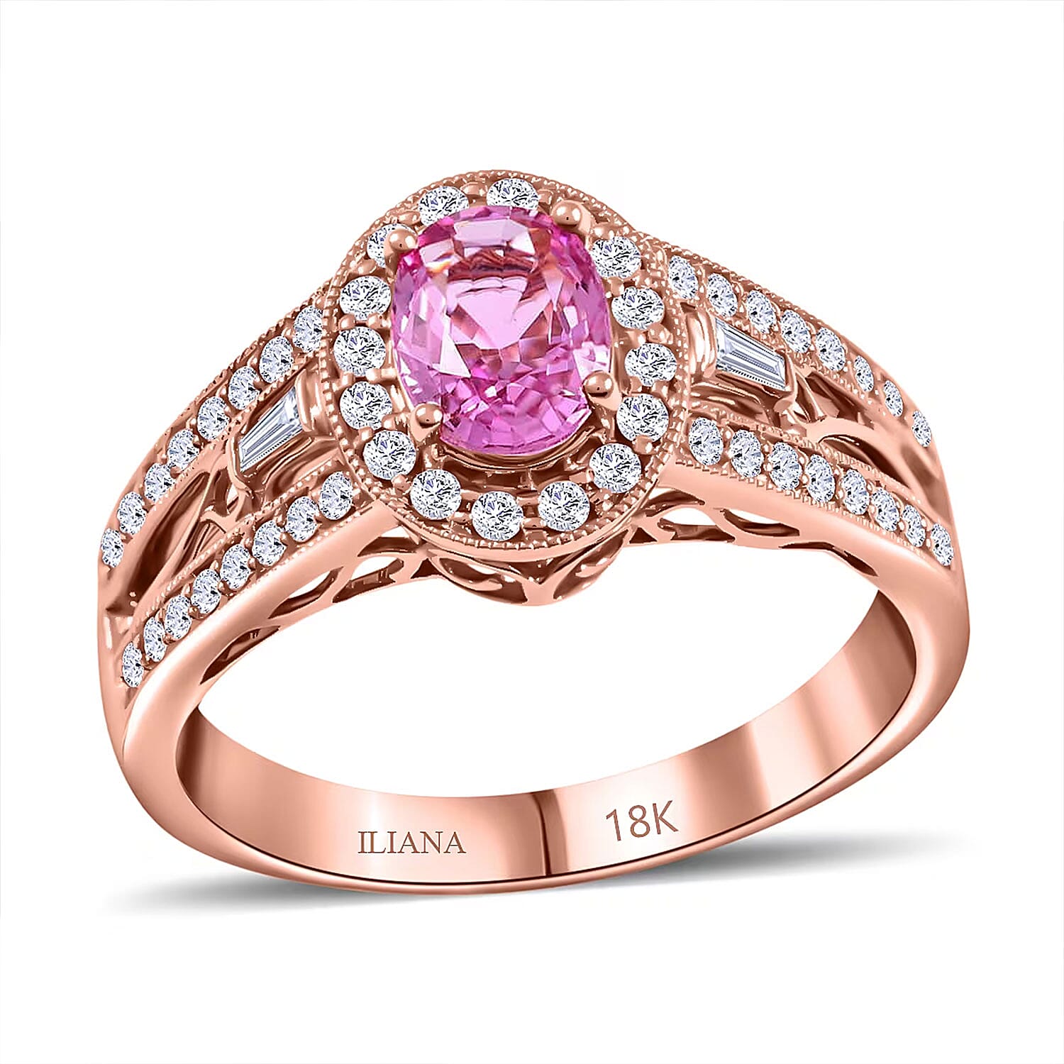 Certified & Appraised Iliana 18K Rose Gold AAA Madagascar Pink Sapphire, Diamond (G-H, SI) (0.37 cts) Halo Ring (5.50 g) 1.40 ctw