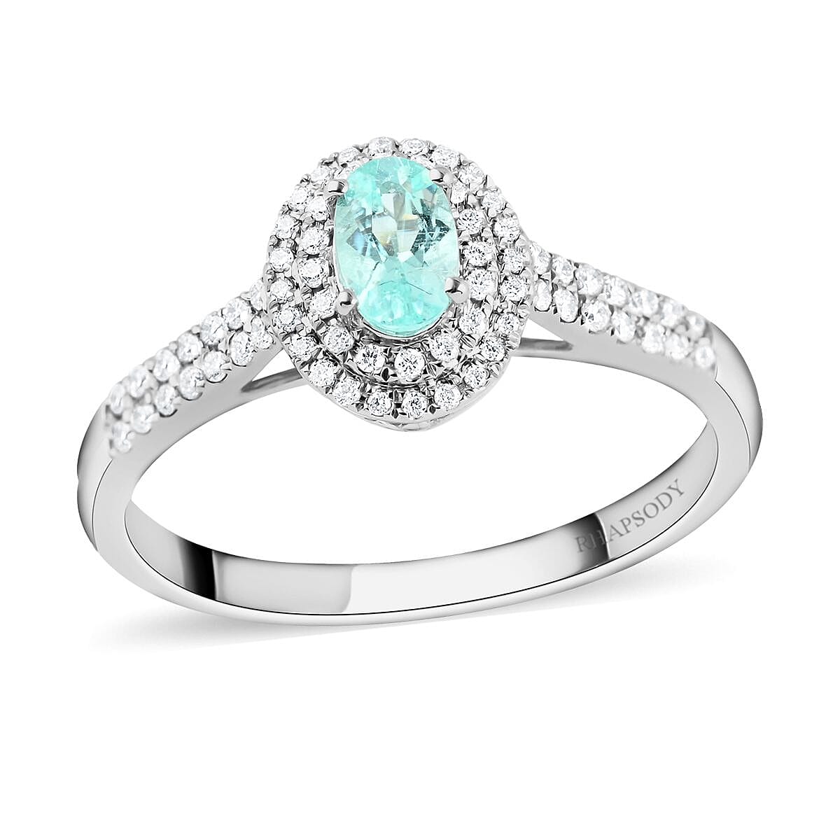 Doorbuster Certified & Appraised RHAPSODY 950 Platinum AAAA Paraiba Tourmaline and E-F VS Diamond Double Halo Ring 4.45 Grams 0.65 ctw