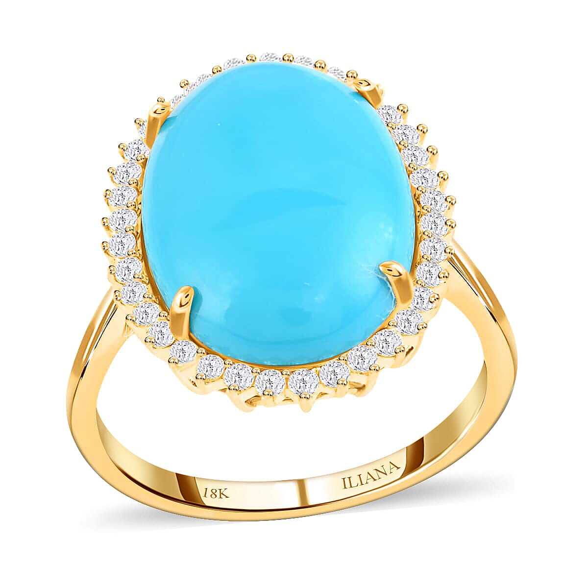 ILIANA 18K Yellow Gold AAA American Natural Sleeping Beauty Turquoise and G-H SI Diamond Halo Ring 5.25 Grams 9.10 ctw