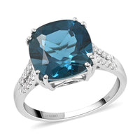 Certified 10K White Gold AAA London Blue Topaz and Diamond G-H I1 Ring 2.70 Grams 7.10 ctw
