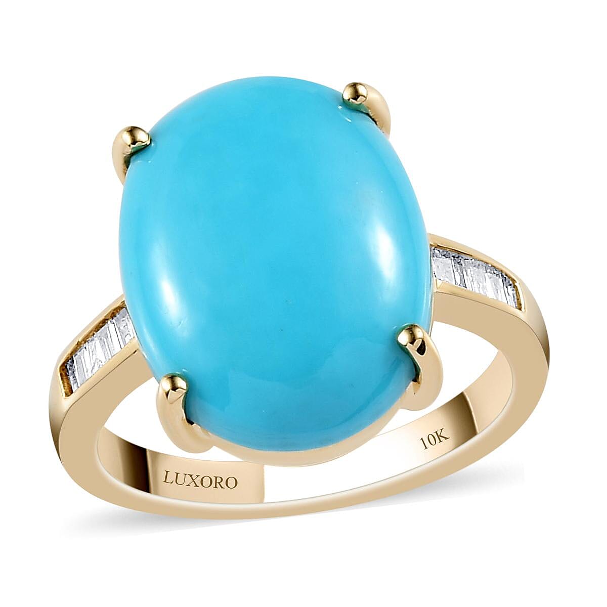 LUXORO 10K Yellow Gold AAA AMERICAN Natural Sleeping Beauty Turquoise and Diamond Ring 3.50 Grams 8.00 ctw