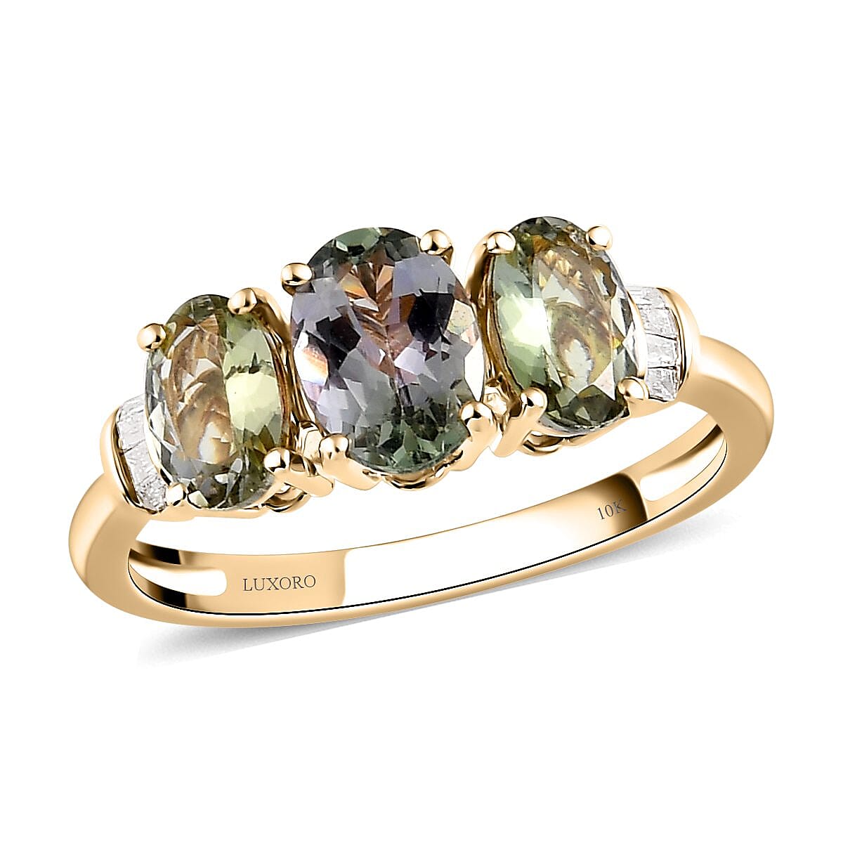 LUXORO 10K Yellow Gold AA Premium Green Tanzanite, Diamond (G-H, I3) Trilogy Ring (Size 8.0) (2.05 g) 2.00 ctw
