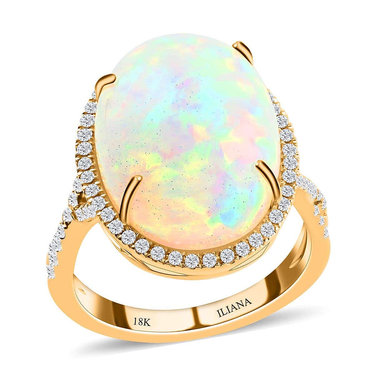 Certified & Appraised ILIANA 18K Yellow Gold AAA Ethiopian Welo Opal and G-H SI Diamond Halo Ring 5.85 Grams 9.50 ctw