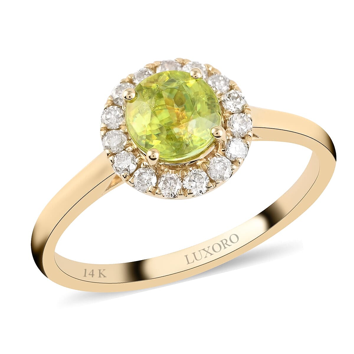 LUXORO 14K Yellow Gold AAA Sava Sphene and G-H I2 Diamond Halo Ring 2.40 Grams 1.30 ctw