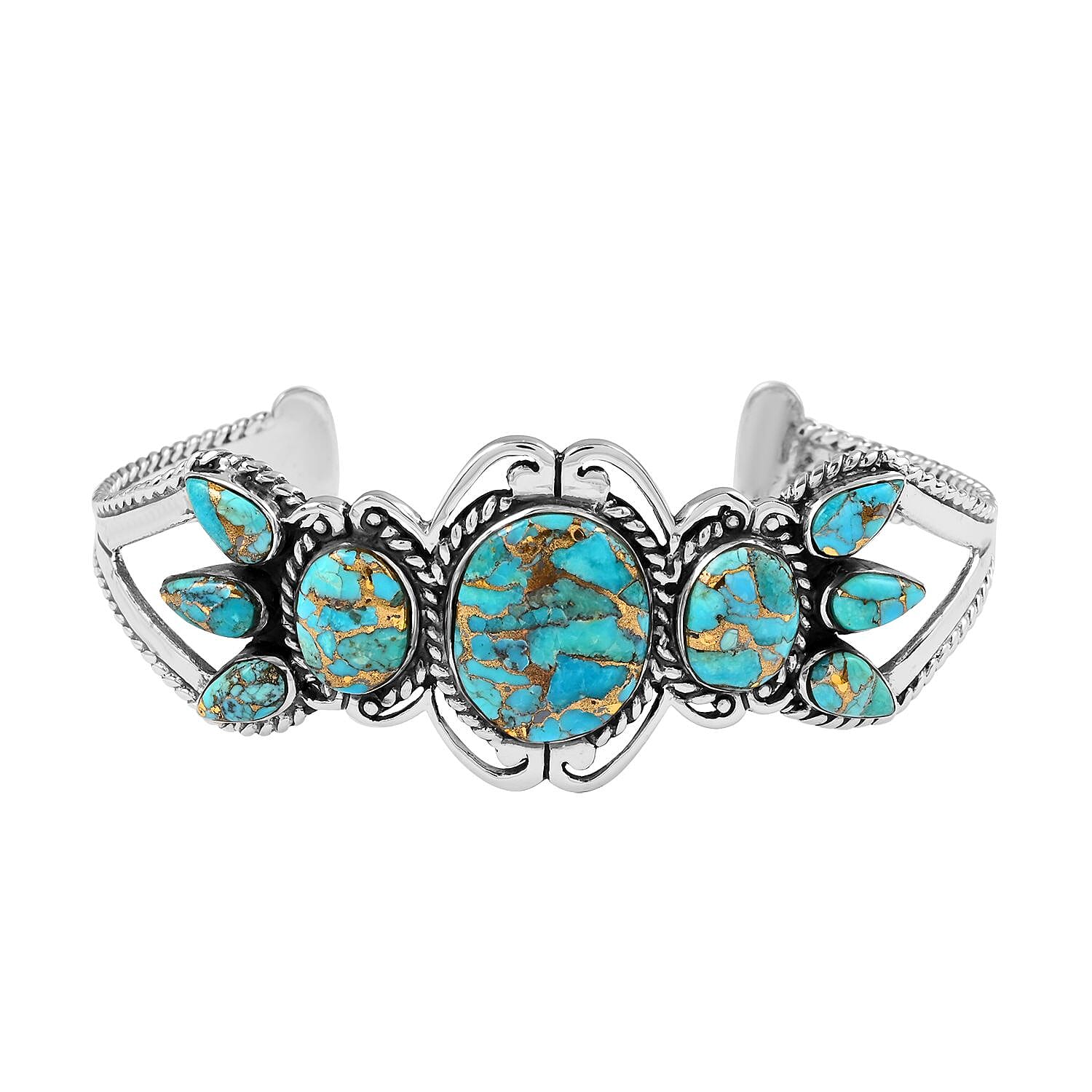 SANTA FE Style Mojave Turquoise Bracelet in Sterling Silver (7.00 In) (19.20 g) 7.50 ctw