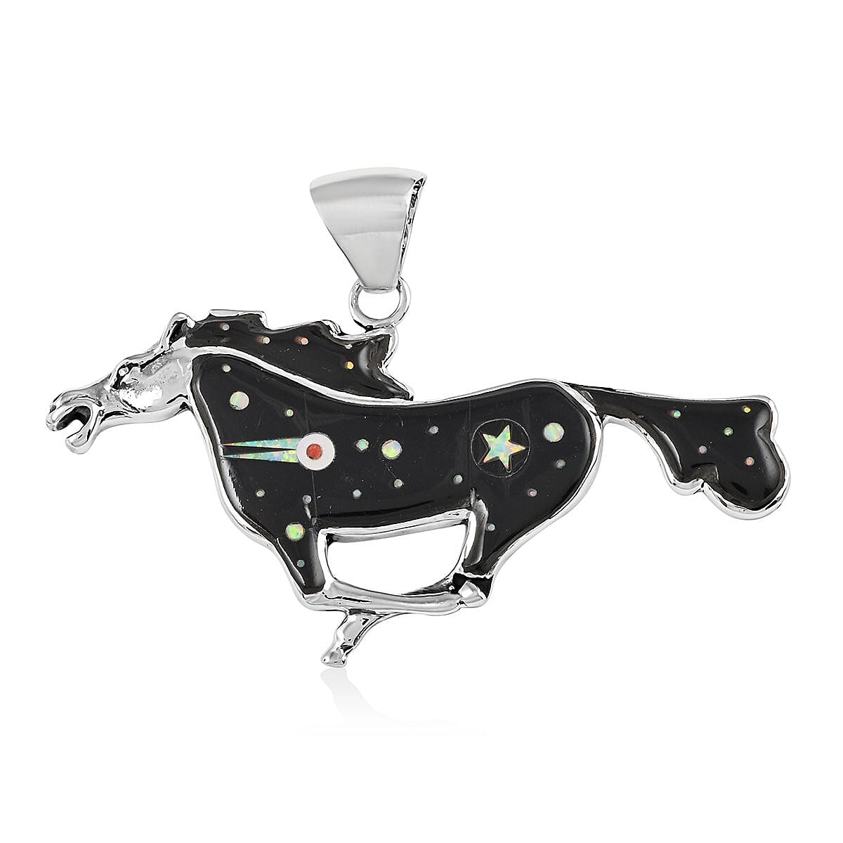 Santa Fe Style Black Onyx 1.75 ctw Horse with Moon and Stars Pendant in Sterling Silver