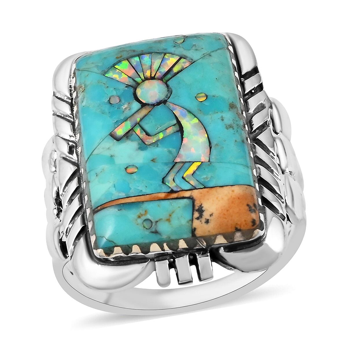 SANTA FE Style Blue Turquoise and Lab Created Opal Kokopelli Ring in Sterling Silver 5.25 ctw