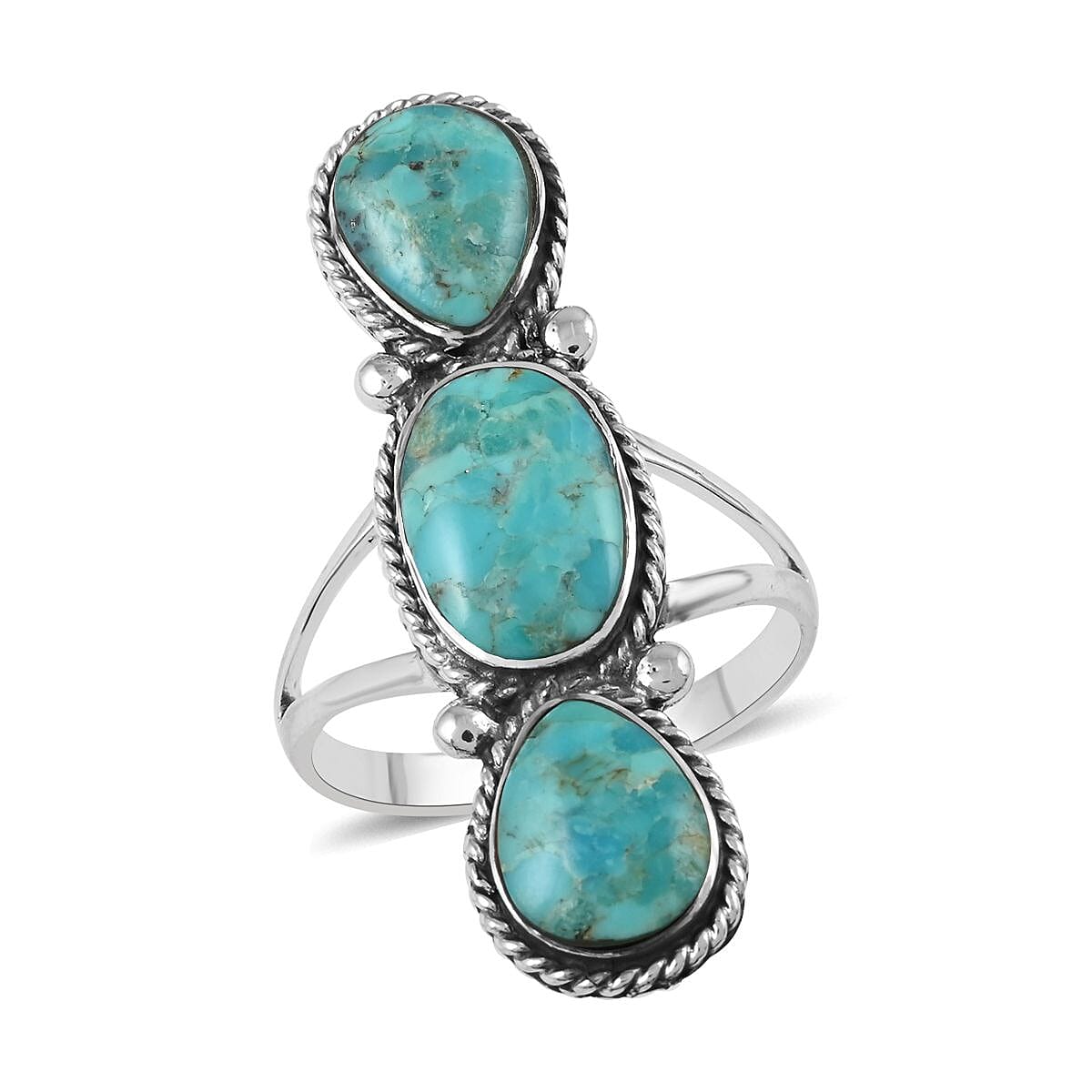 SANTA FE Style Turquoise 3 Stone Ring in Sterling Silver 4.50 ctw