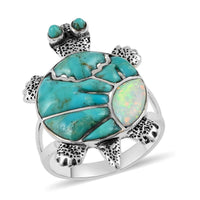 SANTA FE Style Turquoise and Lab Created Opal Turtle Ring in Sterling Silver 3.50 ctw