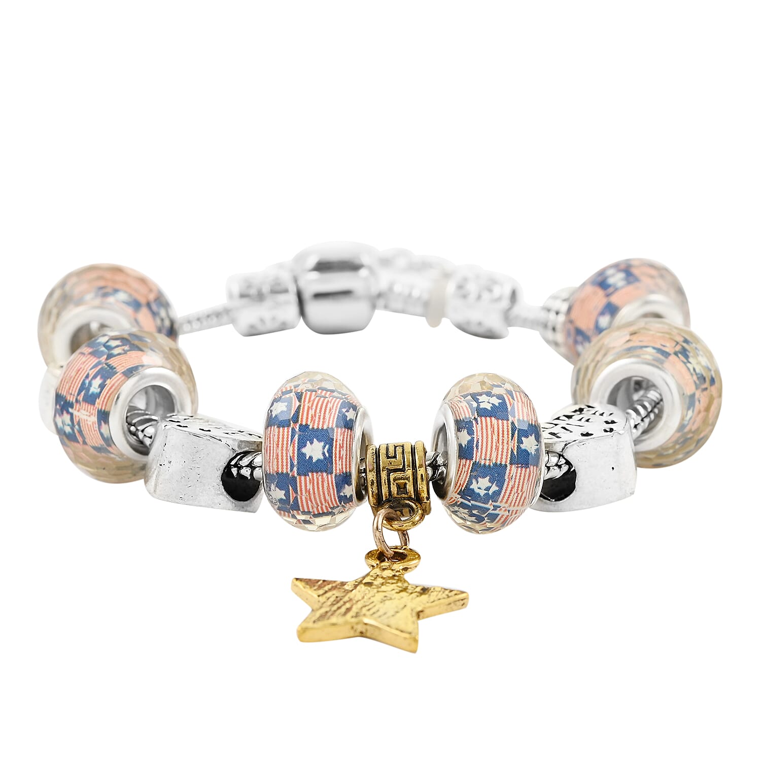 Resin, Enameled US Flag Pattern Bracelet with Star Charm in Dualtone (7.50 In)