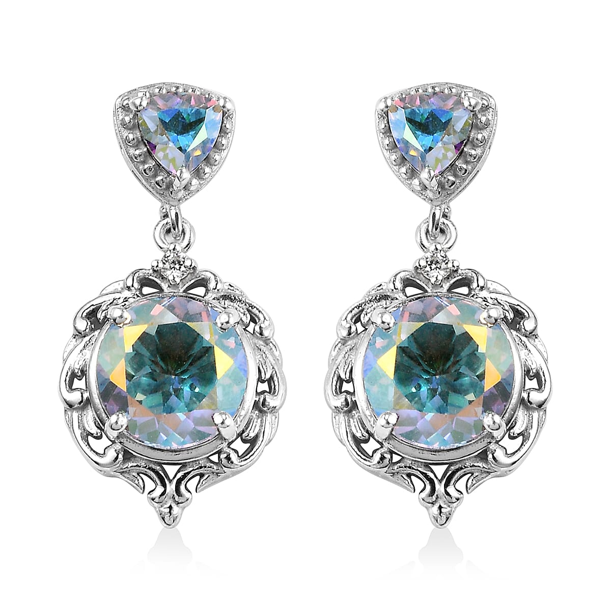 Mercury Mystic Topaz and White Zircon Dangling Earrings in Platinum Over Sterling Silver 7.40 ctw