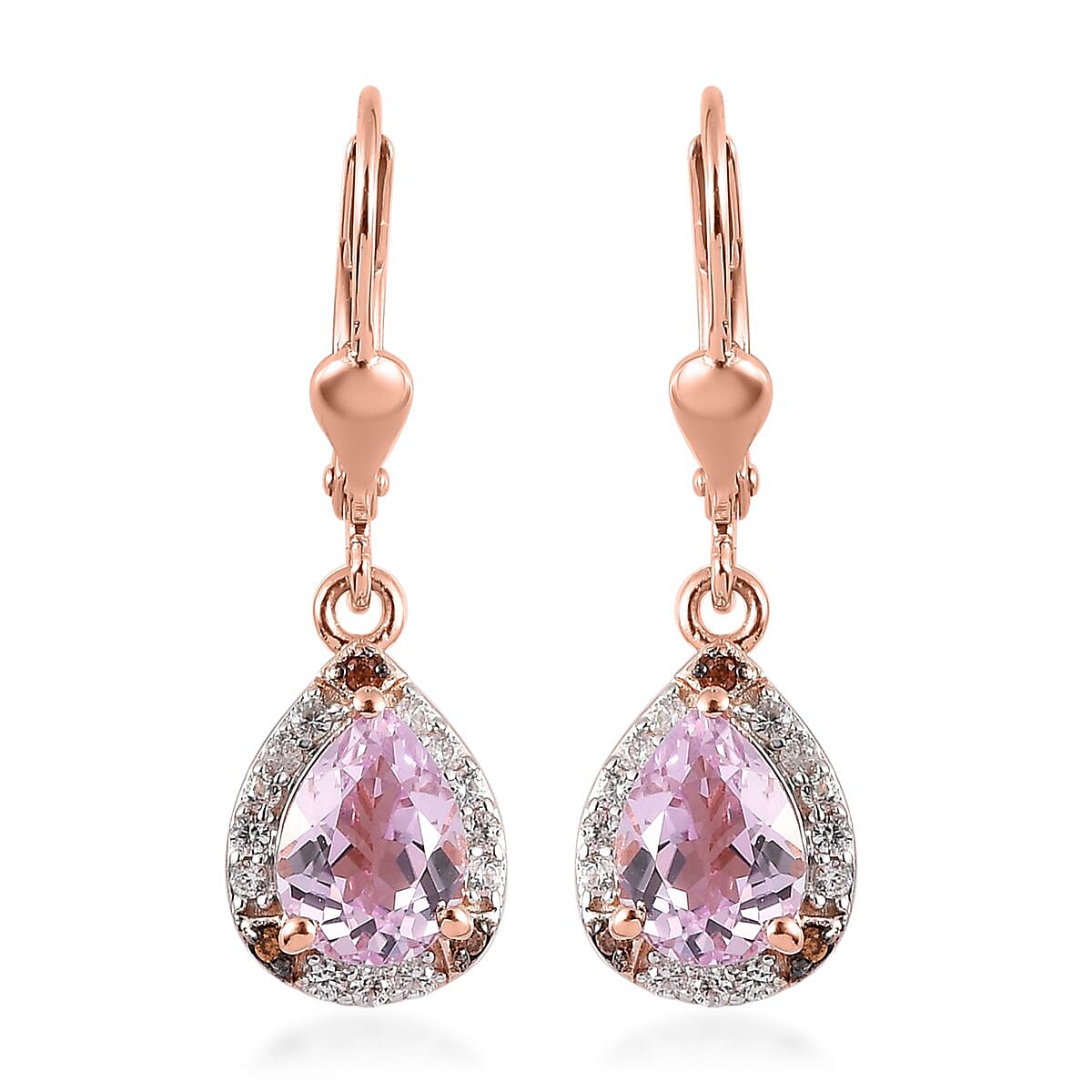 Martha Rocha Kunzite, Brown and White Zircon Solitaire Lever Back Earring in Vermeil Rose Gold Sterling Silver 3.50 ctw