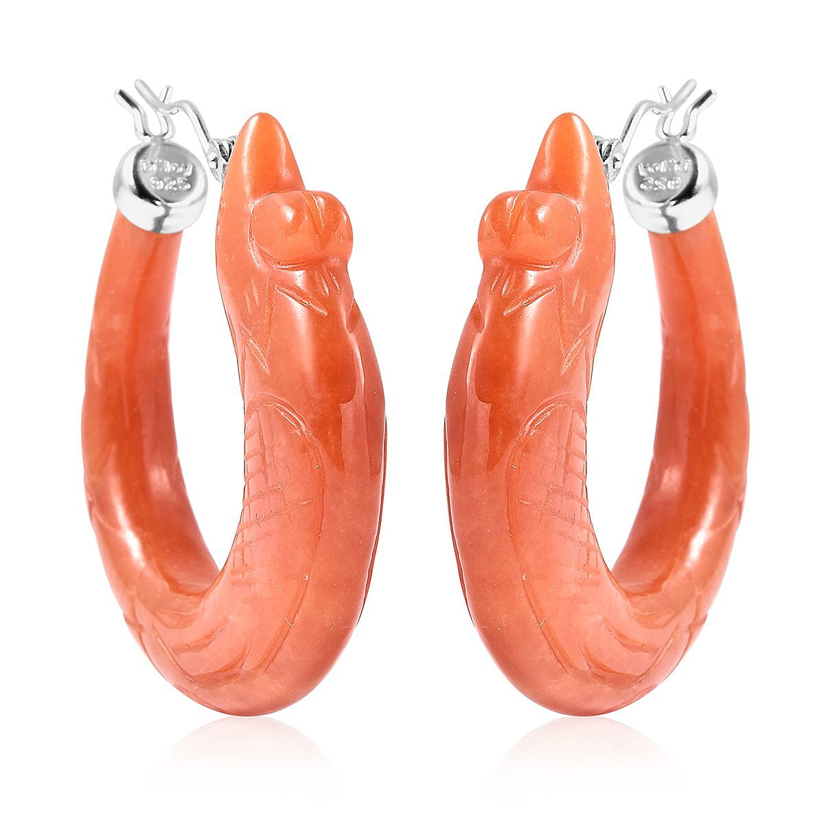 Red Jade Carved Phoenix Earrings in Rhodium Over Sterling Silver 91.50 ctw