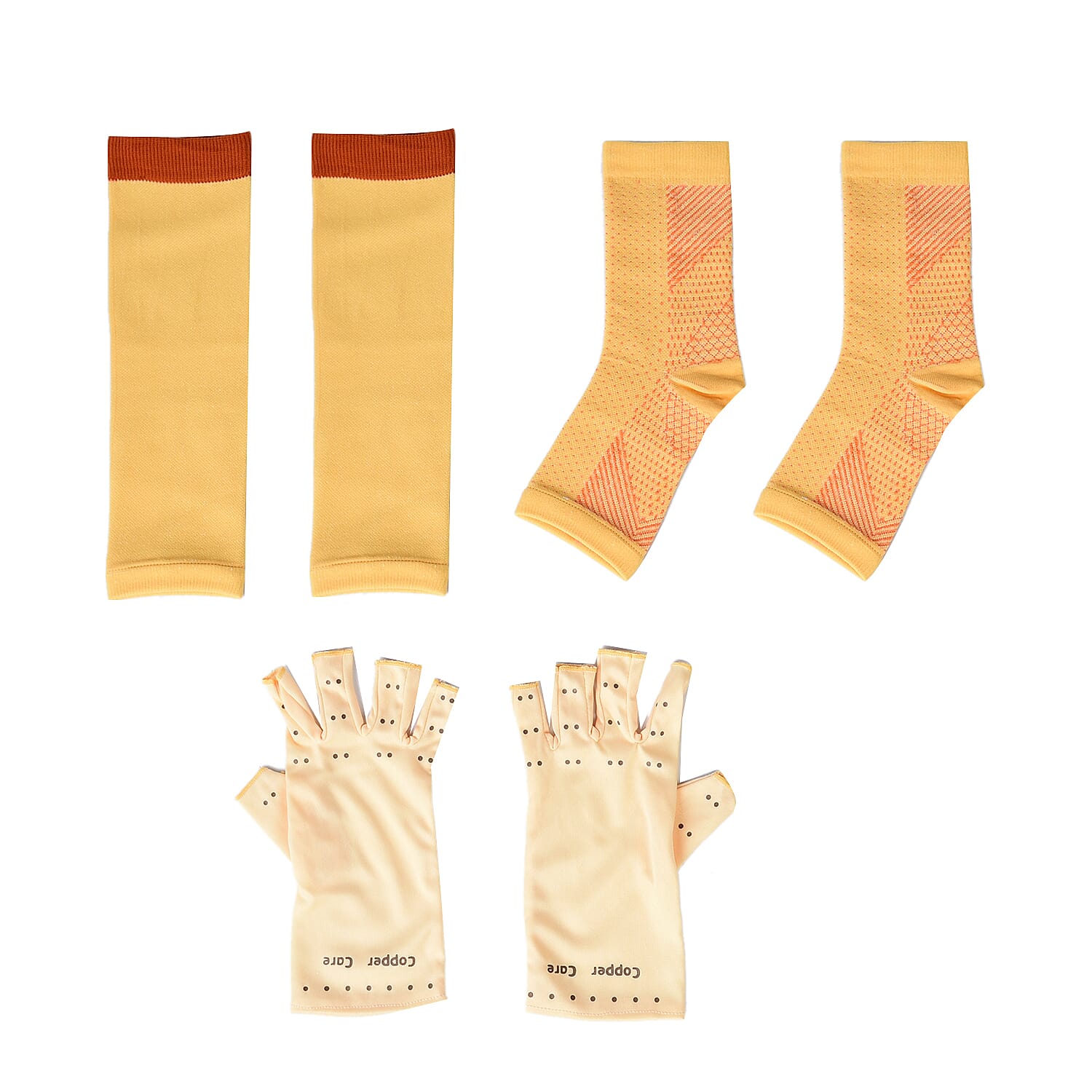 Set of 3 Pairs of Beige Copper Infused Compression Set of Foot, Gloves and Calf Sleeves - L