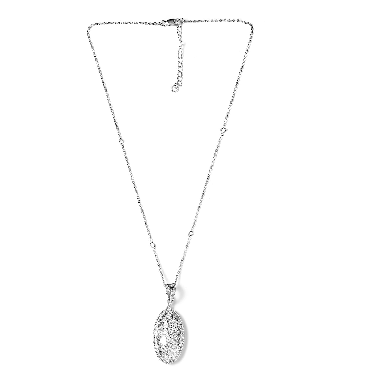Artisan Crafted Polki Diamond Cushion Shape Station Pendant Necklace 18 Inches in Platinum Over Sterling Silver 8.35 Grams 2.00 ctw