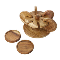 Set of 6 Handcrafted Teak Wooden Coasters  with Hand Carved Stand