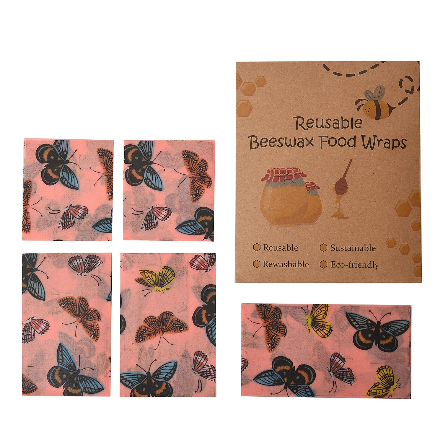 Set of 5 Beige and Pink Reusable Beeswax Butterfly Pattern Wrap