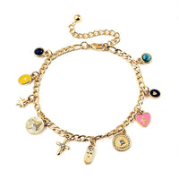 Blue Howlite, Lapis Lazuli, Austrian Crystal, Enameled Adjustable Bracelet with Religious Charms in Goldtone