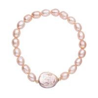 White Coin Keshi Pearl and White Freshwater Cultured Pearl Stretch Bracelet in Sterling Silver