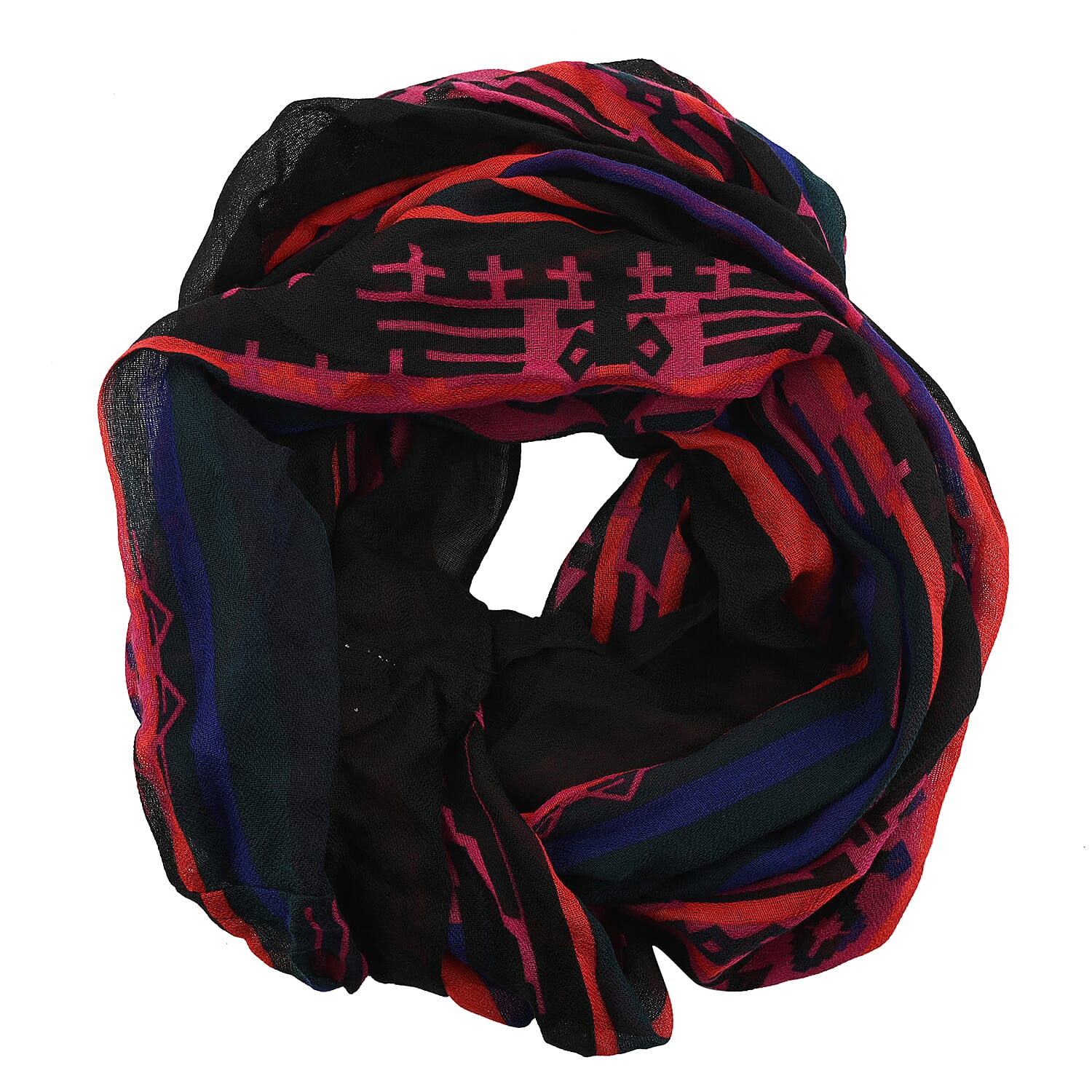 Black Southwestern Print Lightweight Oblong Scarf with Raw Fringe