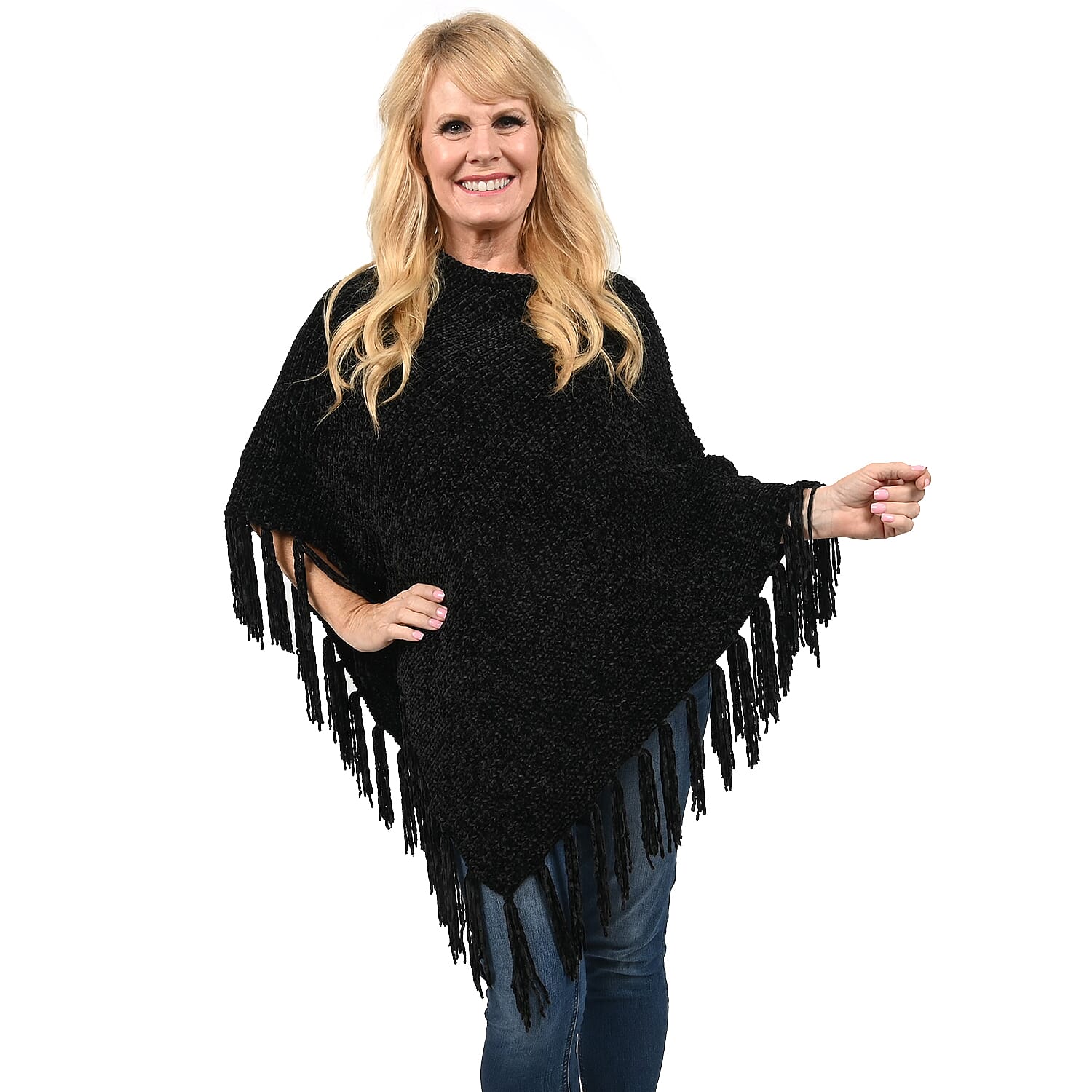 Designer Inspired Perfect Fall Winter Soft Chenille Poncho with Fringe Black- S/M