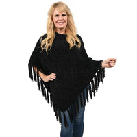 Designer Inspired Perfect Fall Winter Soft Chenille Poncho with Fringe Black- S/M