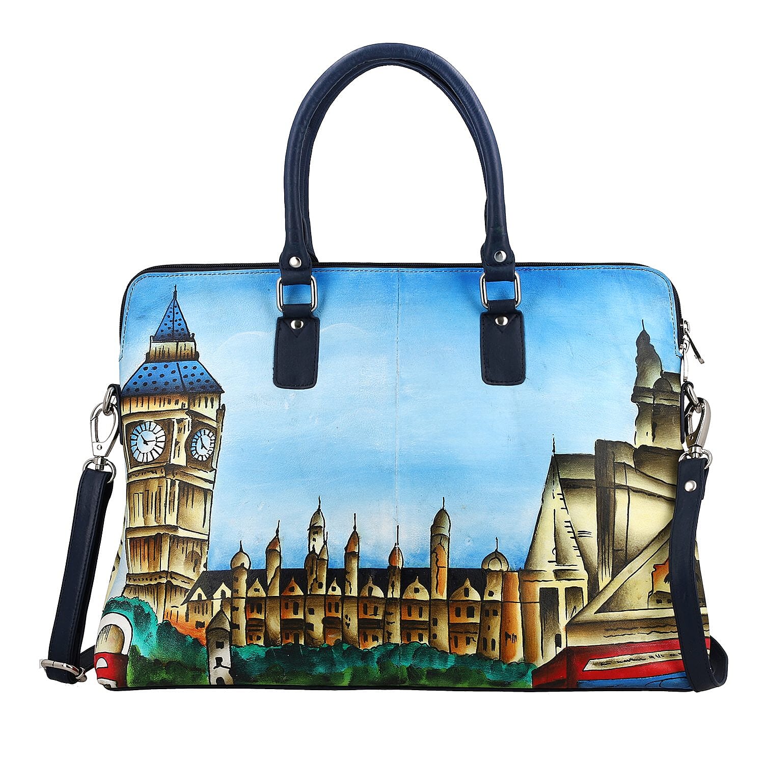 "SUKRITI 100% Genuine Leather Ladies Shoulder Tote Bag (Theme: London City Clock Tower View) Color: Blue Size: 16.5(L)x12.5(H)x3(W) inches"