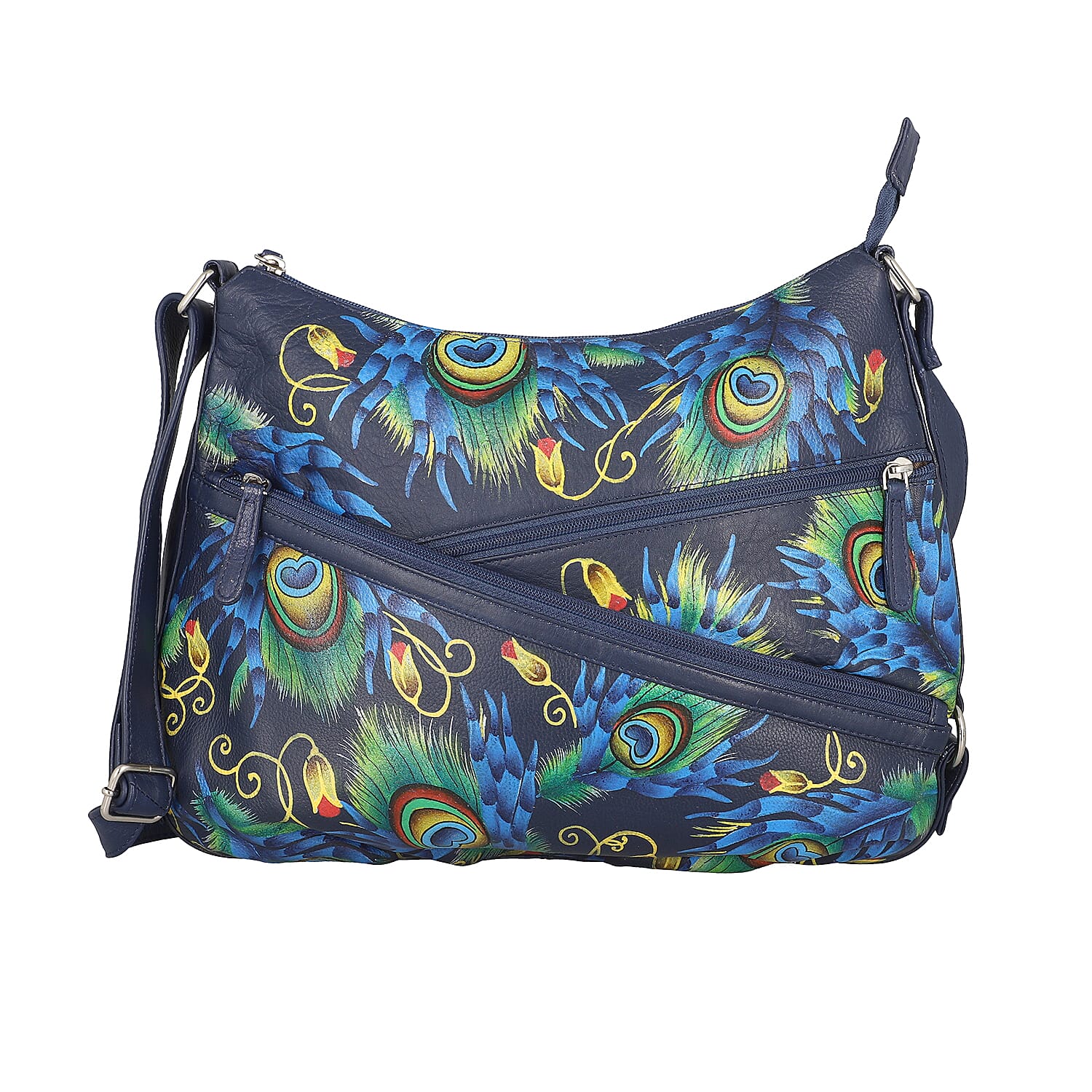SUKRITI Navy Blue Peacock Feather Genuine Leather Hobo Crossbody Bag (14.5"x10.75") with Adjustable Shoulder Strap