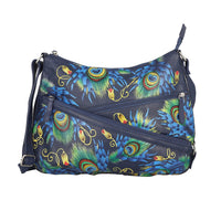 SUKRITI Navy Blue Peacock Feather Genuine Leather Hobo Crossbody Bag (14.5"x10.75") with Adjustable Shoulder Strap