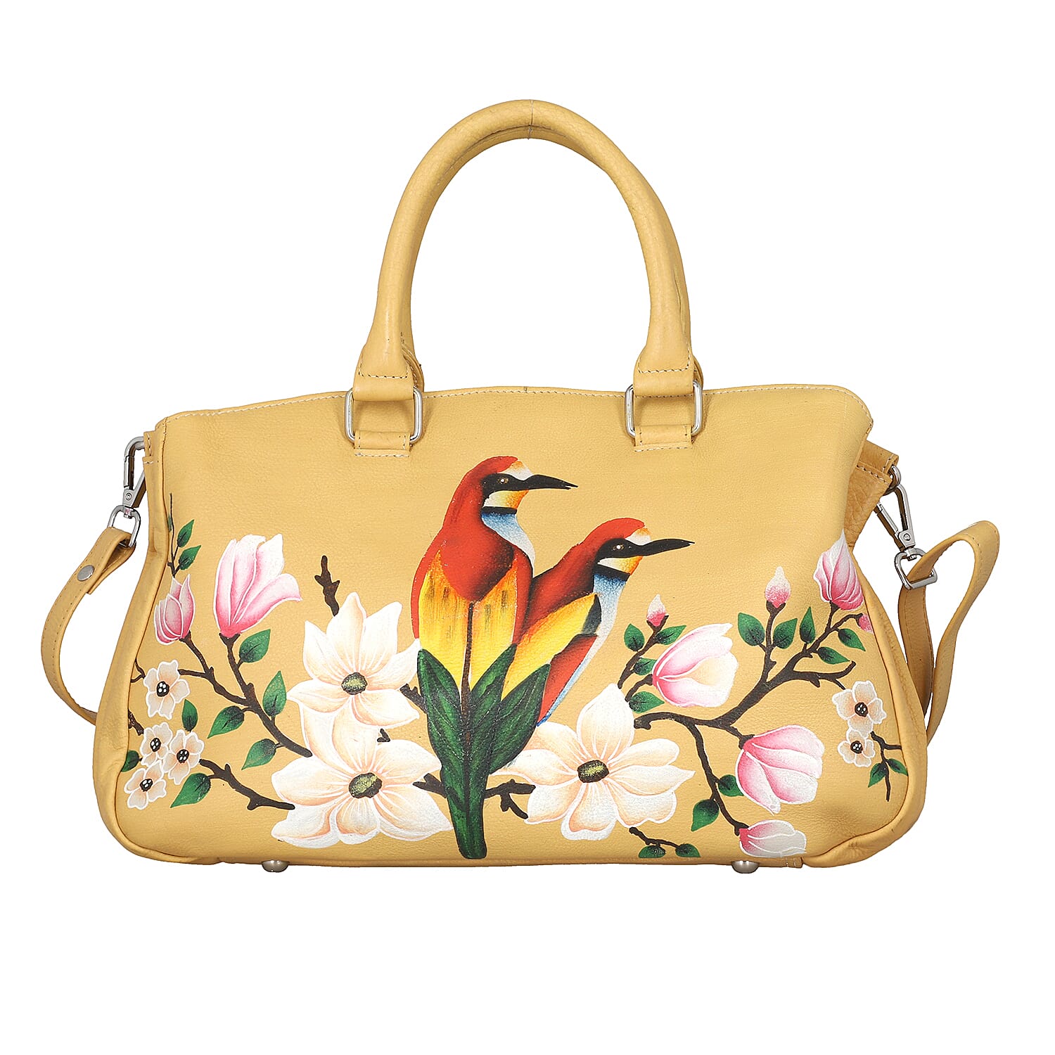 SUKRITI Beige Floral Bird Hand Painted Genuine Leather Shoulder Bag (11"x3.5"x8")